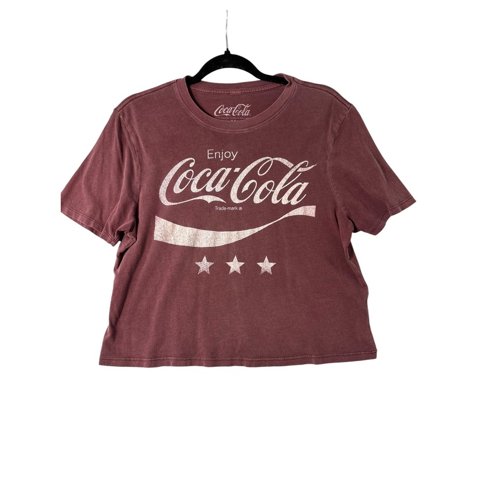 Coca-Cola Womens Graphic T-Shirt Maroon Short Sleeve Cropped Logo‎ Tee Size M